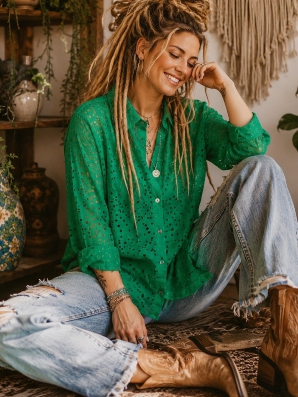 4/$15 Western Prairie Bohemian Green Eyelet Button-Up Shirt Women's Sz L